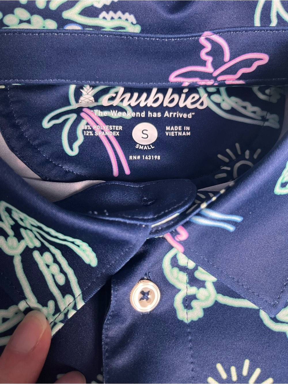 chubbies Men’s Small Navy Polo with Mint Green & Light Pink Alligator Print - Picture 5 of 8
